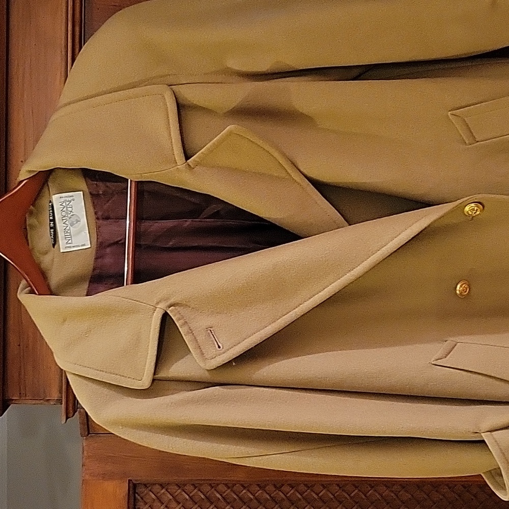 Vintage International Scene Long Tan Double Breasted Coat with Gold Buttons 7/8 - Picture 2 of 11